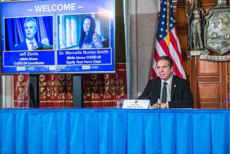 Governor Andrew M. Cuomo holds a press briefing on COVID-19 on Feb. 10, 2020, joined remotely by White House COVID officials. Photo: Darren McGee / Office of Governor Andrew M. Cuomo