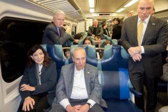 Governor Kathy Hochul and Senator Chuck Schumer take a ride to the new Grand Central Madison terminal on Feb. 26 on the eve of its first full service commuter operation starting Monday, Feb. 27. Photo: Debbie Egin Chin Newsday/MTA