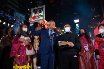 Mayor Eric Adams is sworn in as the 110th Mayor of New York City in Times Square minutes after midnight on Saturday, January 1, 2022. Photo: Michael Appleton/Mayoral Photography Office