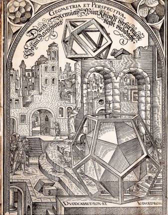 Dodecahedron and variants, from Perspectiva corporum regularum, by Jost Amman in 1568 (Etching Printed in Nuremberg. Photo: Adel Gorgy
