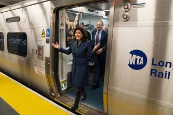 Governor Kathy Hochul steps off the Long Island Rail Road into the brand new Grand Central Madison Terminal after the inaugural, 17 minute ride on Jan. 25 from Jamaica. She called the new East Side Access terminal a “major milestone” for mass transit. Photo: Gov. Kathy Hochul Twitter.
