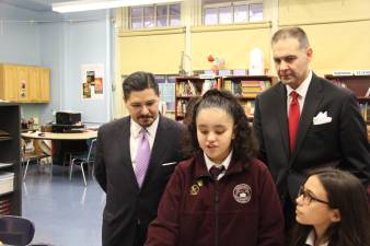 Principal Dimitres Pantelidis (back right) with NYC Schools Chancellor Richard Carranza and students. Photo courtesy of Dimitres Pantelidis