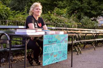 Ellen Jovin awaits questions at the Grammar Table in Central Park near West 72nd Street. Photo: Abigail Gruskin