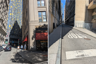 Left: Looking up William Street from Pearl Street. Right: Looking west up Ann Street from Gold Street.
