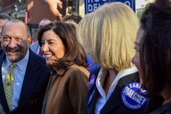 Governor Kathy Hochul with Rep. Carolyn Maloney (right) on the Upper East Side on Election Day. Photo: Abigail Gruskin