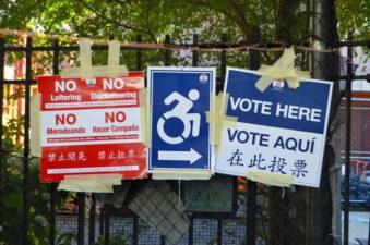 Signs marking a polling place on the Upper West Side during the first summer 2022 primary. Photo: Abigail Gruskin