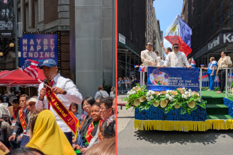 Left: Mayor Adams at AAPI Parade opening. Right: Digman Halo Halo float at Philippine Independence Day Parade.