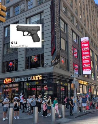 Exterior of Raising Cane’s restaurant, 1501 Broadway, Aug. 10, 2025.