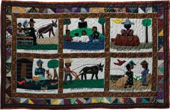 Hystercine Rankin stitched a poignant family album quilt about life on the farm, told in simple panels with embroidered captions like “Mother and Sally picking Cotton” or “Daddy Joe making syrup.” Photo: American Folk Art Museum.