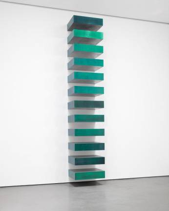 Donald Judd. Untitled. 1967. Green lacquer on galvanized iron; twelve units, each 9 x 40 x 31″ (22.8 x 101.6 x 78.7 cm), installed vertically with 9″ (22.8 cm) intervals. The Museum of Modern Art, Helen Acheson Bequest (by exchange) and gift of Joseph Helman © 2020 Judd Foundation / Artists Rights Society (ARS), New York