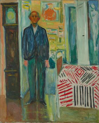 Edvard Munch, &#x201c;Self Portrait between the Clock and the Bed,&#x201d; 1940&#x2013;1943, Oil on canvas, 58 7/8 &#xd7; 47 7/16 in., Munch Museum, Oslo &#xa9; 2017 Artists Rights Society (ARS), New York. Photo &#xa9; Munch Museum.
