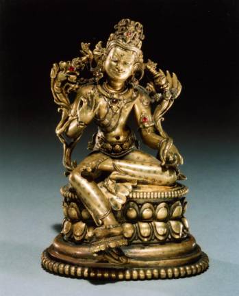 Bodhisattva Maitreya; India, Bihar or Bengal; 12th century; Gilt copper alloy with inlays of silver, copper, and glass.