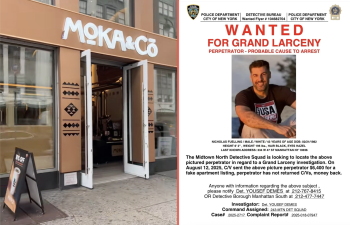 Left: Entrance to 142 W. 34th St., Moka &amp; Co. Right: Nicholas Fuelling, wanted for apartment rent deposit scam.