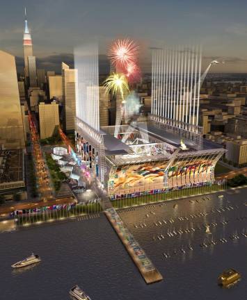 The unbuilt West Side Stadium stadium could have served not just as a home for the Jets and 2012 Olympics, but also as an expansion of the neighboring Javits Center. Credit: Kohn Pedersen Fox Associates