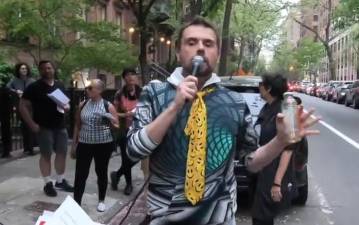 Screenshot of chess player Anthony Kozikowski during his protest outside Marshall Chess Club. Video: Bill Cote