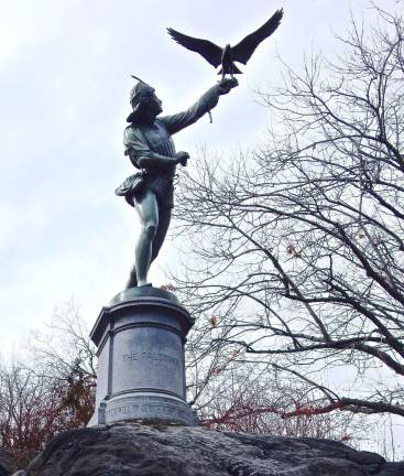 The Falconer, designed by a British sculptor and falconer, George Blackall Simonds, is the answer to the previous quiz. The statue was installed in 1875, and overlooks Olmsted &amp; Vaux Way, along the Terrace Drive.