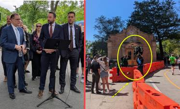 Left: BP Mark Levine, CB 1 Chair Tammy Meltzer, CMs Keith Powers &amp; Christopher Marte; Right: ticket vendors “guarding” the entrance to Battery Park and Castle Clinton.