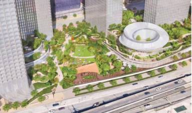 An artist rendering of the apartment complexes, five acres of parks, and underground casino that Soloviev Group hopes to build near the United Nations.