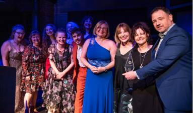 The cast that won best production for<i> </i>the comedy <i>Granny Jackson’s Dead</i> were welcomed by the Irish Consul General Helena Nolan (fourth from right) while Origin Theatre Company artistic director Michael “Mick” Mellamphy (far right) presented the award to playwright Zoe Seaton (second from right).