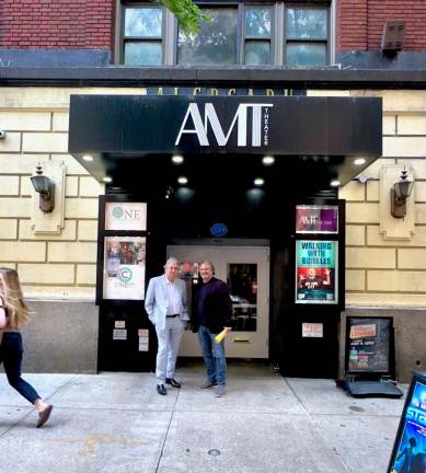 Al Tapper (left) and Steve Ditmyer, the director of “Bettinger’s Luggage” outside the entrance to the Off Broadway theater that Tapper helped create. Photo: Joan Pelzer