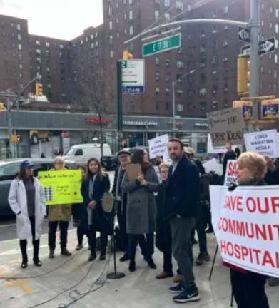 Politicians, including City Councilmembers Keith Powers and Carlina Rivera, rallying outside Beth Israel after Mount Sinai first announced that it would pursue its closure in 2023.