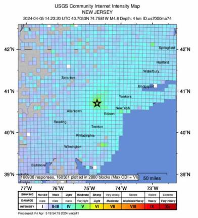 An earthquake with a 4.8 magnitude that struck Manhattan from an epicenter in New Jersey, one mile from Tewksbury, NJ on April 5 at 10:23 a.m. The black star in the middle is where the earthquake originates in New Jersey. The green represents very light damage and intensity to the yellow representing light damage and intensity. The blue represents no intensity/ damage. Photo Credit: earthquake.usgs.gov.