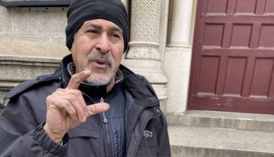 Sadik Topia, who operated a newsstand on the corner of W. 79th St. and Broadway for 23 years, was forced by the City Departmet of Consumer Affairs to shut down in a dispute over unpaid fines. Mayor Adams said he would try to help if he could. City Council member Gale Brewer held a press conference supporting him on Jan. 25 on the corner where he once operated the newsstand. Photo: Michael Oreskes