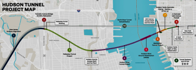 The map shows the route of the current rail tunnel under the Hudson, and the slightly longer, curvier new tunnel route, slated to be finished in 2035.