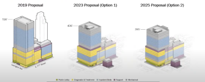 Northwell’s overhaul plan for Lenox Hill Hospital has progressed from a super-tall 536 ft.-tall tower to two final proposals (pictured right and far-right): a 436 ft.-tall tower or a 395 ft.-tall tower.