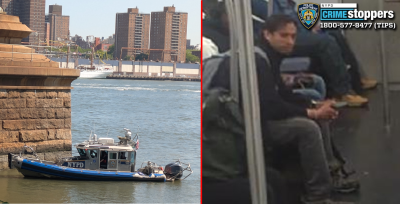 Left: NYPD boats search for body at Brooklyn Bridge, June 3. Right: wanted for forcible touching.