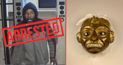 Left: Arrested for Assault and other charges; Right: Moche mask returned to Peru.