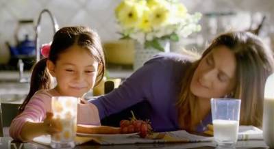 Selma Hayek was in a 2012 celebrity milk ad, pouring a glass of milk for her daughter. A glass of milk contains the relaxing amino acid tryptophan. Photo: Milk Processing Education Program