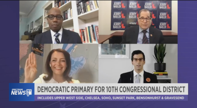 Screenshot of 10th Congressional district debate, with (clockwise from top left) moderator Errol Louis of NY1, Rep. Jerrold Nadler, Jonathan Herzog and Lindsey Boylan.