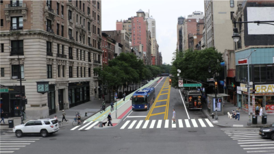 Current proposal for the W. 72 Street bike lane, including a protected two-way bike path and one lane of car traffic in each direction.