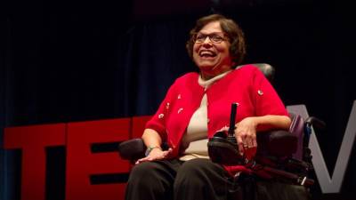 Judith Heumann speaking at a TED talk. Photo: The Heumann Perspective.