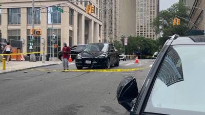 Doreen Meyers, riding a stand-up e-scooter, was killed near West 60th Street and Amsterdam Ave. after colliding with black Tesla car.