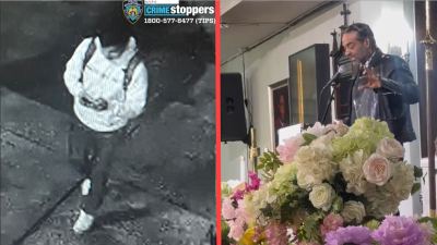 Left: Attempted rape suspect on Riverside Drive, April 29; Right: Jim Jones gives eulogy for Mama Zee,