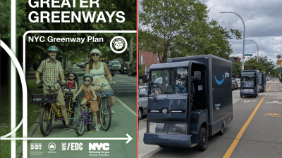 Left: Idealistic vision of the Greater Greenways report cover; right: the reality of the Brooklyn Waterfront Greenway, including Amazon cargo trucks. Could this be Manhattan’s future too?