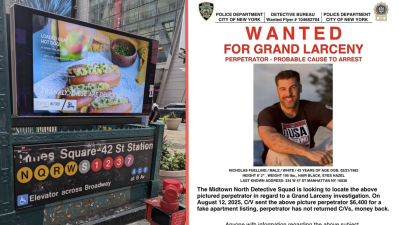 Left: Times Square subway station; Right: Nicholas Fuelling Wanted flyer.