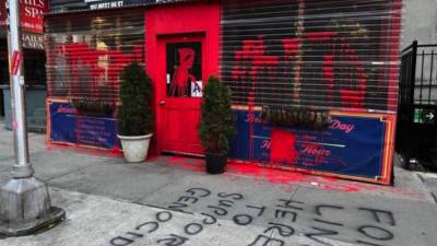 The outside of popular Jewish owned, Effy’s Cafe, located at 104 W 96th street in the Upper West Side, vandalized by fake blood over the restaurant shed and anti-semitic hate crime written on the concrete with black graffiti paint saying “Form line here to support genocide” on March 18. Photo Credit:<a rel=nofollow href=https://twitter.com/MarkSvensson/status/1769841188150865942> Twitter of Mark Svensson</a>, attorney.