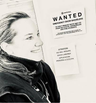 Heather Stein waiting to get The City of New York Department of Sanitation Emergency Snow Laborer card at a Department of Sanitation garage.