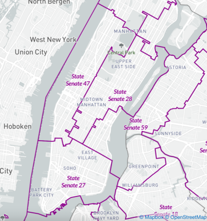 The new state Senate District 47 map. Screenshot from Redistricting &amp; You: New York