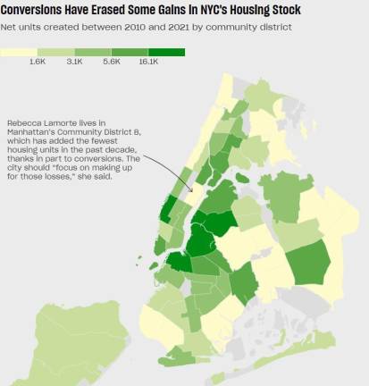 Map: Suhail Bhat / THE CITY Source: Adam Brodheim, 2023. “Bigger Houses, Fewer Homes: Dwelling Unit Consolidation in New York City.” M.S. Historic Preservation Thesis, Columbia University
