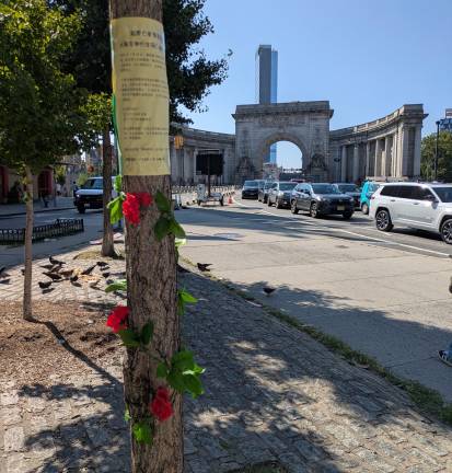 Manhattan Bridge Plaza crash memorial as of July 28.