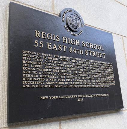 Regis High School’s designated landmark plaque.
