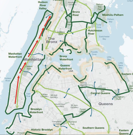 A speculative vision of Manhattan’s future; red arrows run along a mooted “Greenway Corridor” from the Brooklyn Bridge to Washington Heights.