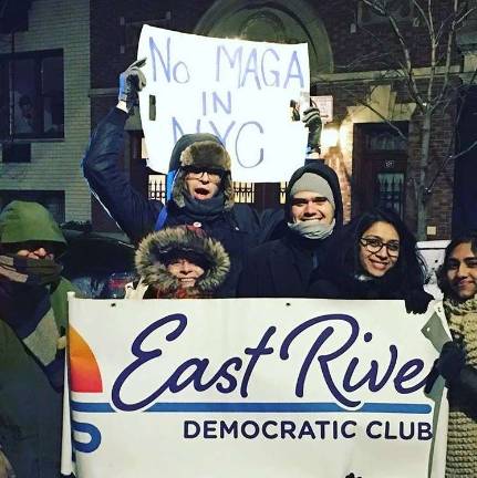 Several members of the East River Democratic Club protested the election outside the clubhouse. Photo: Patrick Bobilin, via Instagram