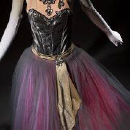Barbara Karinska, La Valse costume, gray satin bodice with rhinestones, gray, pink, red tulle skirt. Lent by the New York City Ballet. ©The Museum at FIT