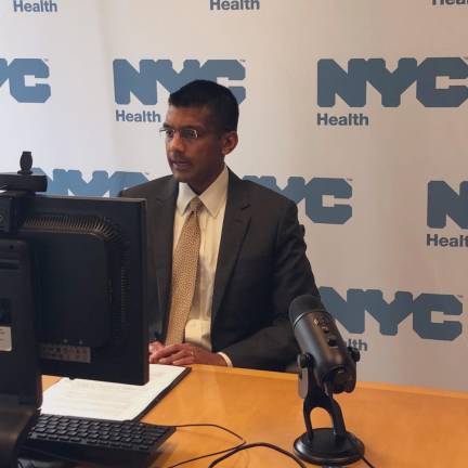 Dr. Dave A. Chokshi, the new health commissioner, speaking to the @nycHealthy team on August 6, 2020. (Photo via @NYCHealthCommr on Twitter)