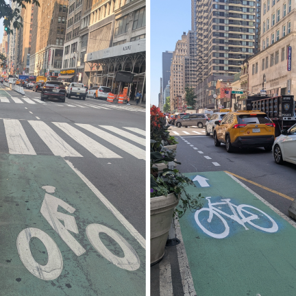 Helmeted stick figure rider marking at W 36th St. and 8th Ave. (left); The newer stencil with a bicycle but no rider at W 35th St. and 6th Ave. (right).